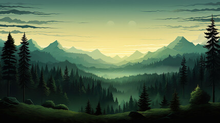 Landscape forest mountains nature adventure travel background panorama - Illustration of dark green silhouette of valley view of forest fir trees and mountains peak. - obrazy, fototapety, plakaty