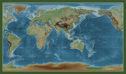 World map. Colored elevation. Patterson Cylindrical projection. Meridian: 90 east