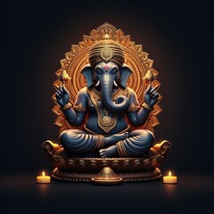 A picture of Ganesha is depicted sitting with a dark background, generated by AI - obrazy, fototapety, plakaty