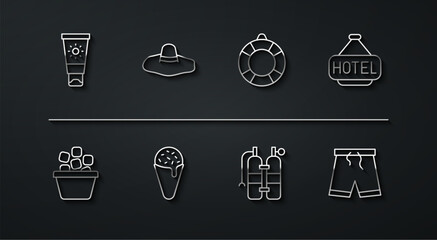 Set line Sunscreen cream in tube, Ice bucket, Signboard with text Hotel, Aqualung, waffle cone, Elegant women hat, Swimming trunks and Lifebuoy icon. Vector