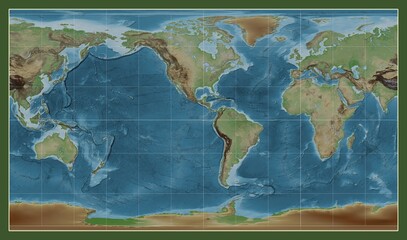 World map. Colored elevation. Patterson Cylindrical projection. Meridian: -90 west