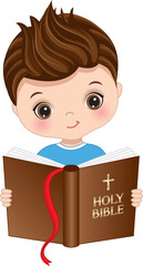 Vector Cute Little Boy Studying Bible