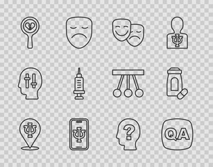 Set line Psychology, Psi, Question and Answer, Comedy tragedy masks, Psychologist online, Broken heart or divorce, Addiction to the drug, Head with question mark and Sedative pills icon. Vector