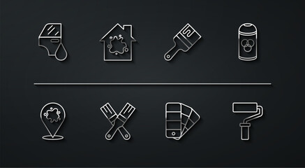 Set line Car painting, Paint spray, can, Color palette guide, brush, Painting the house, roller and icon. Vector