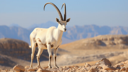 A white oryx with big horns in a desert.