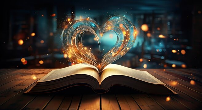 Open book with heart shaped magical pages 