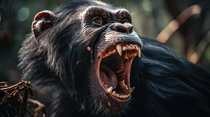 An angry roaring chimpanzee (Pan) with a gaping mouth showing its large sharp teeth.