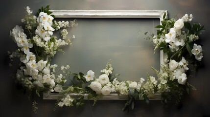 AI generated, flowers arranged on a wooden frame with blank space for text, white and green style, nature studies, spectacular backdrops, raw materials