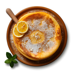 pancakes topped with white sugar and lemon on the side type r, generative ai