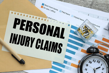 Personal injury Claim text on a notepad page. envelope and financial charts