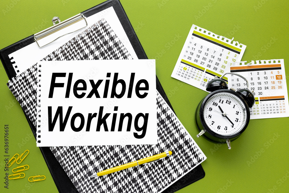 Poster flexible working white paper with text on a black folder on a green background