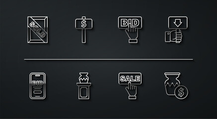 Set line Auction painting sold, Online auction, Hand holding paddle, Price tag with Sale, ancient vase, and Bid icon. Vector