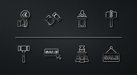 Set line Hand holding auction paddle, Auction hammer, ancient vase, Price tag with Sale, and auctioneer sells icon. Vector