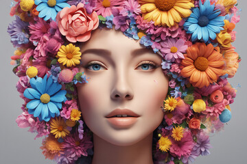 Naklejka premium Mental health day poster, woman made of colorful flowers fictional face