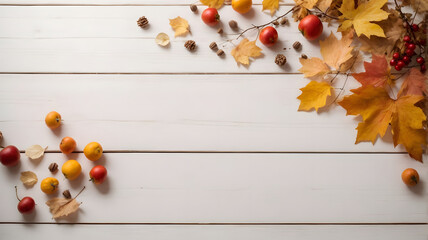Naklejka na ściany i meble multicolored autumn leaves on a white wooden table