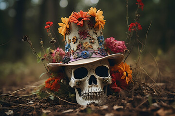 Colorful Carnival Hat Adorning Scary Skull in Enchanting Forest Setting