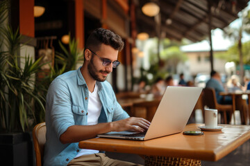 Fototapeta premium Colombian guy with a laptop in a cafe. Digital Lifestyle in Colombia. AI Generated.