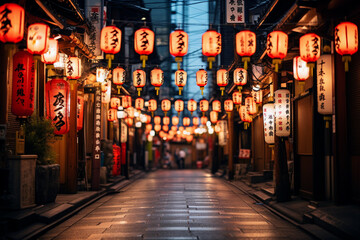 Japanese lanterns with kanji on the street at night. AI Generated.