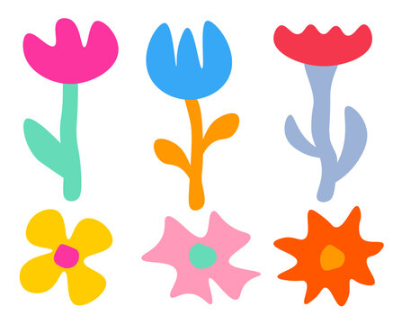 Colorful flowers on a white background. The set shows six colorful flowers of different shapes and sizes. Vector illustration has a flat, cartoon style.