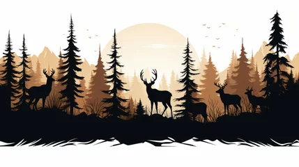 Papier Peint photo Lavable Noir Black silhouette of deer family with baby and forest fir trees wildlife adventure hunting camping landscape panorama illustration isolated on white background