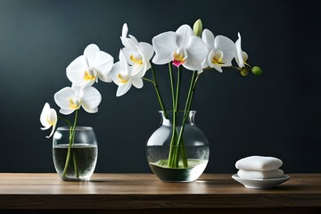 white orchid flower decoration in a glass vase with sunlight on wooden table with copy space, floral spa background with spirit of purity