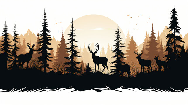 Black silhouette of deer family with baby and forest fir trees wildlife adventure hunting camping landscape panorama illustration isolated on white background