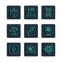 Set line Lightning bolt, Atom, DNA symbol, Pipette, Telescope, Magnet and icon. Vector