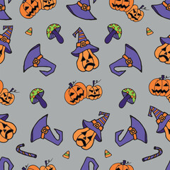 Halloween seamless pattern  with pumpkins and witch hat .Hand drawn vector illustration in doodle style. Can be used for wallpaper, wrapping paper, bedding, bathroom tiles, clothing or bedding