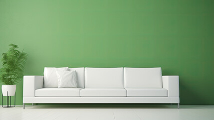 Modern living room with white sofa against a green wall background, minimalist interior design, space for text