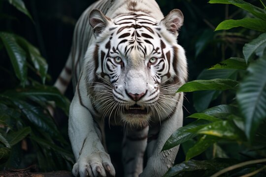 White belgian tiger photo with tropical leaves. AI generated