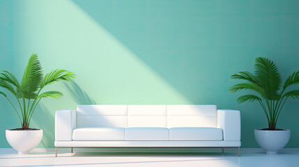 Modern living room with white sofa against a mint green wall background, plants, minimalist interior design, space for text