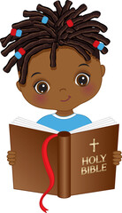 Vector Cute Little African American Boy Studying Bible