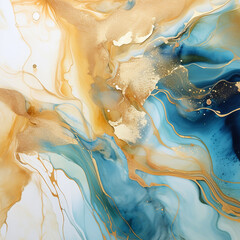 Natural luxury abstract fluid art painting in alcohol ink blue gloden background 