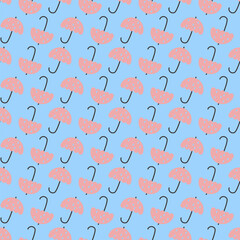 Seamless geometric pattern with pink umbrellas on light blue background. Vector print for fabric background