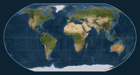 World map. Satellite. Robinson projection. Meridian: 0