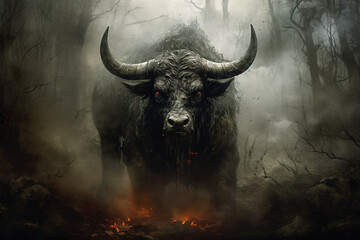 Image of a bull in the forest with a scary atmosphere, Wildlife Animals., Generative AI, Illustration.