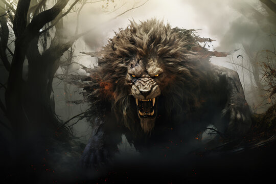 Image of a lion in the forest with a scary atmosphere, Wildlife Animals., Generative AI, Illustration.