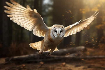 Fotobehang Image of a barn owl flying in the forest, Bird, Wildlife Animals., Generative AI, Illustration. © yod67