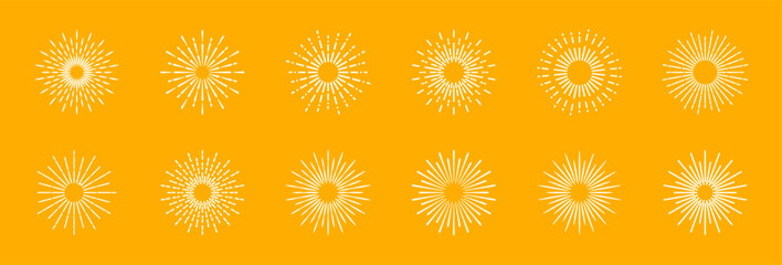 Sunburst set. Light rays collection. Vintage sunburst. Explosion, firework, sparks, star light, sun rays. Element for logotype, emblem, banner or lettering. Vector illustration.