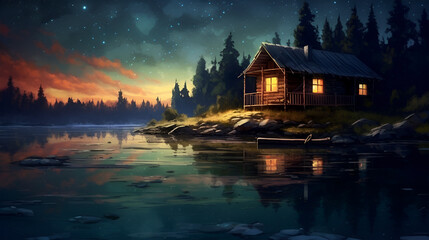 Lonely cabin across the way on the shoreline of a lake, Generative ai