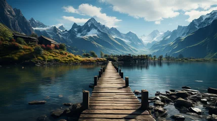 Tuinposter Seeidylle mit Blick auf Berge: Seesteg in atemberaubender Landschaft © PhotoArtBC