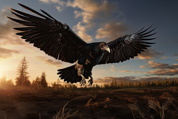 Image of a crow flying in the forest, Bird, Wildlife Animals., Generative AI, Illustration.