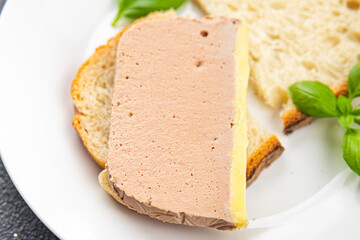 duck mousse portioned slice pate ready to eat healthy appetizer meal food snack on the table copy space food background rustic top view