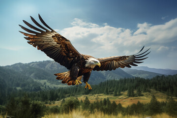 Image of an eagle flying in the forest, Bird, Wildlife Animals., Generative AI, Illustration.