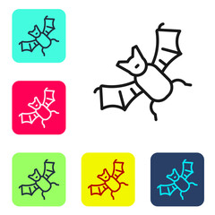 Black line Flying bat icon isolated on white background. Happy Halloween party. Set icons in color square buttons. Vector