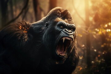 Image of an angry gorilla in the forest, Wildlife Animals., Generative AI, Illustration.