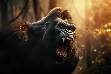 Fotobehang Image of an angry gorilla in the forest, Wildlife Animals., Generative AI, Illustration. © yod67