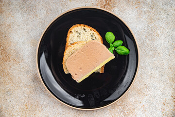 duck mousse portioned slice pate ready to eat healthy appetizer meal food snack on the table copy space food background rustic top view