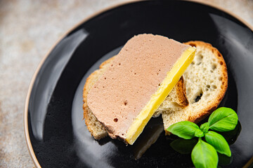 duck mousse portioned slice pate ready to eat healthy appetizer meal food snack on the table copy space food background rustic top view