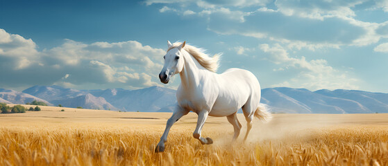 A white horse running in the field, generative ai - obrazy, fototapety, plakaty